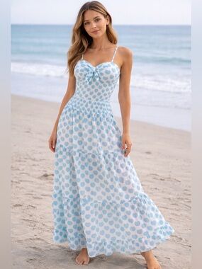 Light Blue Heart-Print one piece swim suit and long skirt cover up